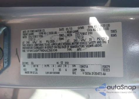 2013 Ford Escape S из США, поврежденный, VIN 1FMCU0F76DUC56336